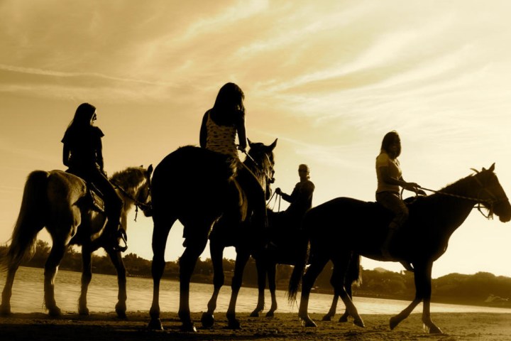 a group of people riding on the back of a horse