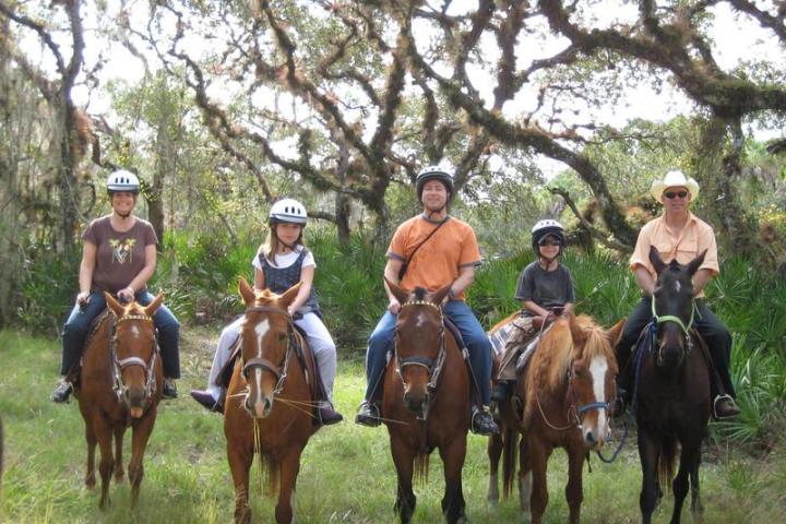 a group of people riding on the back of a horse